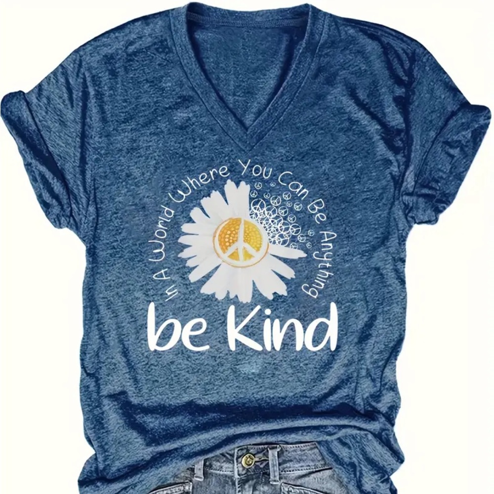 WOMENS BLUE SHORT SLEEVE LIGHTWEIGHT FLORAL T-SHIRT “BE KIND” MESSAGE SMALL